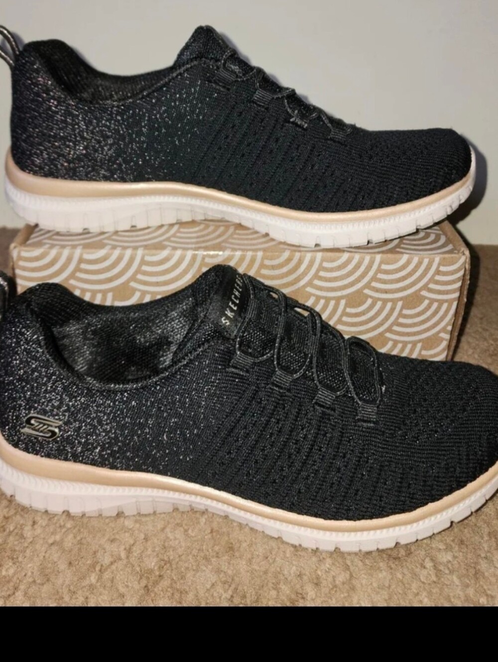 Womens Skechers Sport Active Virtue Sneakers Black Gold Sparkley Athletic Shoes
